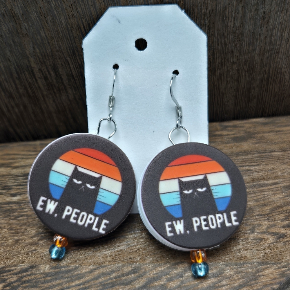 NWT Ew. People Cat Earrings Retro Beaded Meowy Cat Lady Funny Humor Dangle Drop